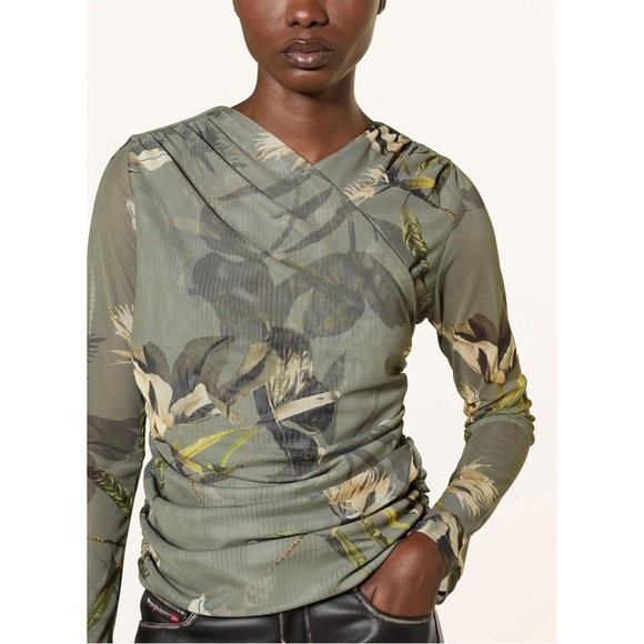 ALLSAINTS Hanako Floral Mesh Top Olive Green - Picture 1 of 11